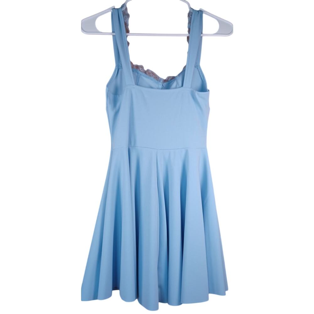 Light Blue Lace Trim Tie Front Skater Dress XS Cottagecore Coquette Wedding - Picture 3 of 6